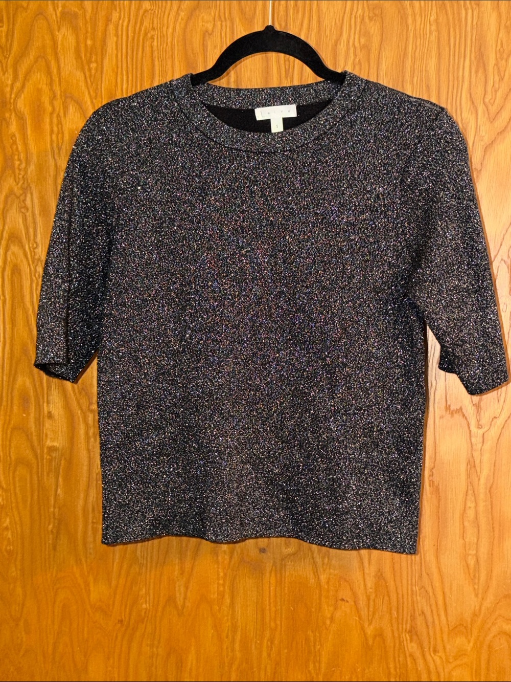Leith Metallic Short-Sleeve Crewneck Top - Black Sparkle